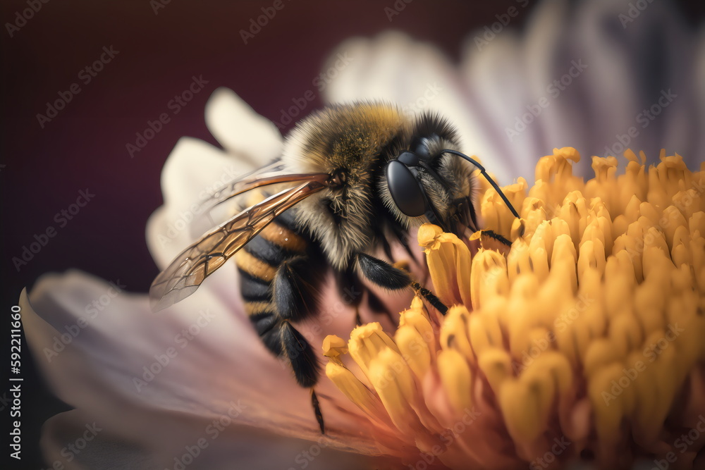 closeup of bee taking polen from a sunflower flower generative ai - obrazy, fototapety, plakaty 