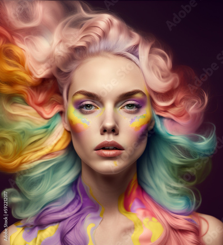 Portrait of a beautiful woman with hair rainbow colors. Generative AI