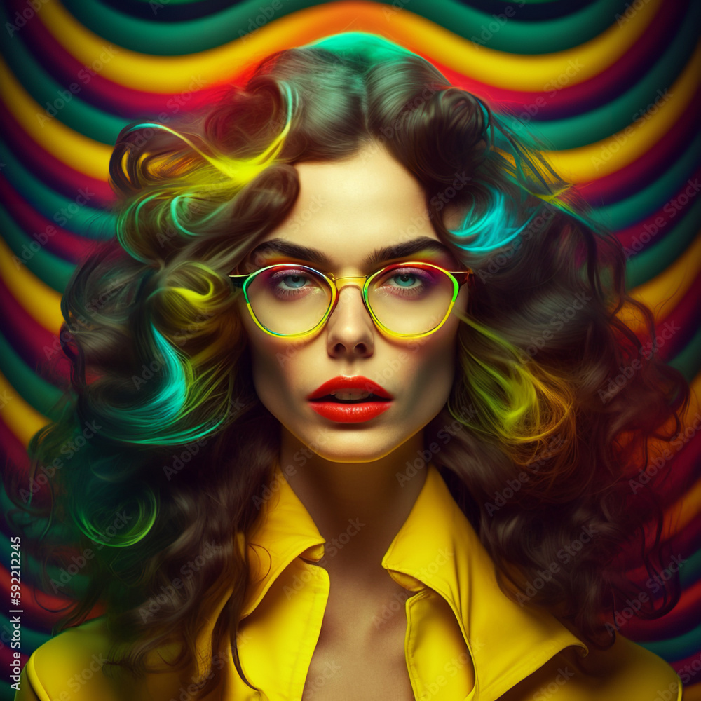 Portrait of a beautiful woman with hair rainbow colors. Generative AI