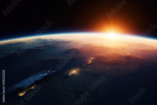 Sunrise above planet earth seen from space made with generated ai