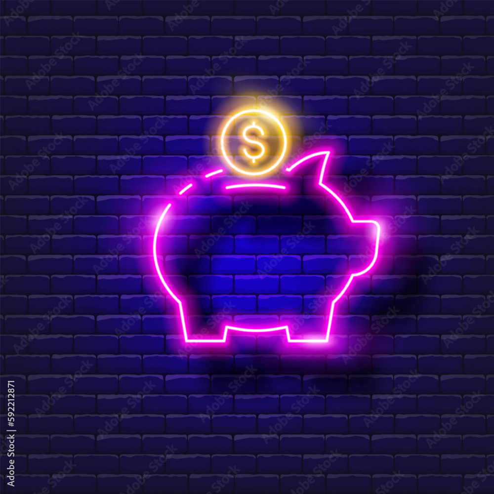 Savings money, money box vector neon icon. Finance, money and online banking glowing sign. Savings money, money box vector neon icon. Finance, money and online banking glowing sign.