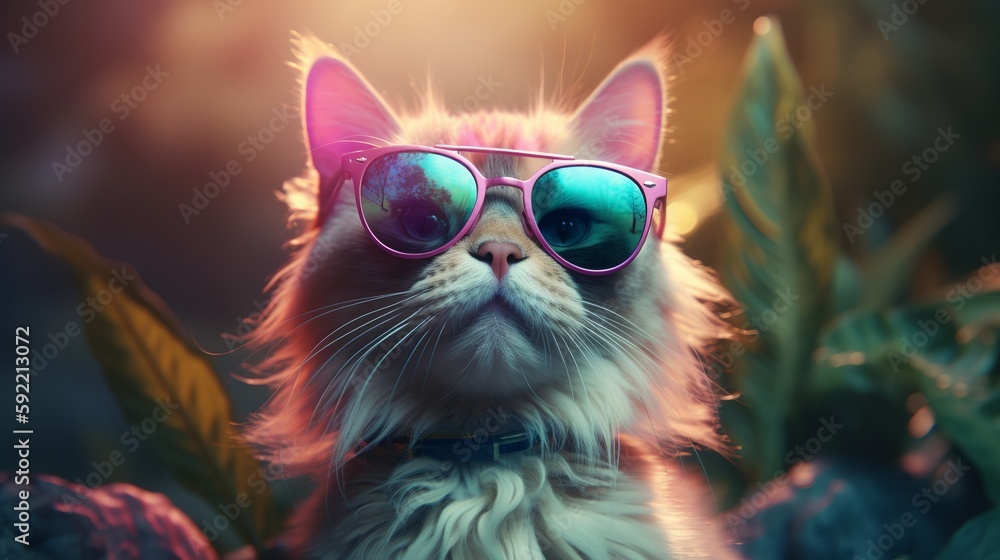 Cat wearing jungle sunglases, great design for any purposes. Graphic illustration. Green background. Funny illustration. Fashion illustration. Realistic style.