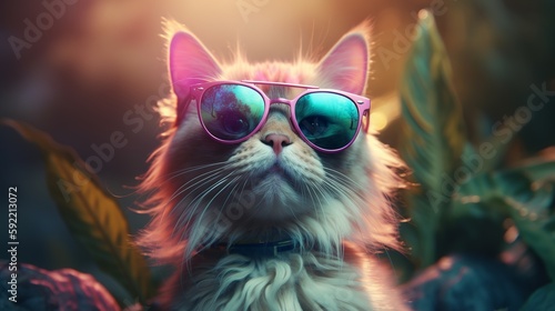 Cat wearing jungle sunglases, great design for any purposes. Graphic illustration. Green background. Funny illustration. Fashion illustration. Realistic style.