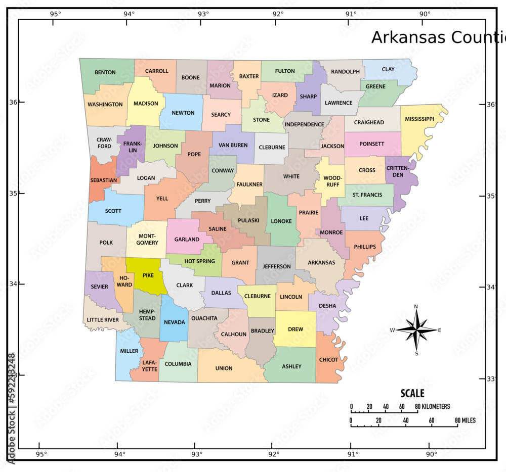 Arkansas state outline administrative and political vector map in color
