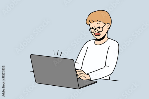 Stunned little boy look at computer screen shocked with information on gadget. Amazed child surprised and frustrated with data and message on laptop. Vector illustration. 