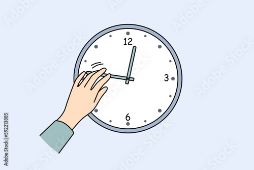Closeup of person changing time on clock hanging on wall. Man or woman change hands of clock. Time management and planning. Vector illustration. 
