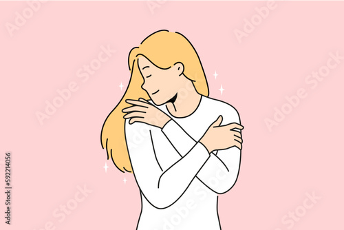 Happy woman hug herself showing selflove and selfcare. Smiling girl embrace body feeling confident and overjoyed. Vector illustration. 