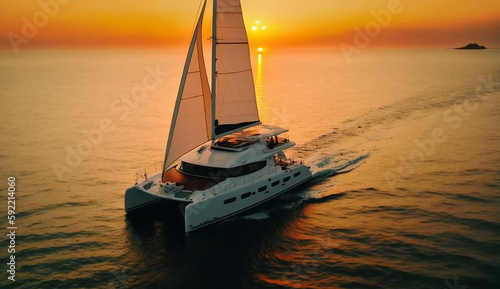 Slika na platnu Eco yacht catamaran sailing in ocean at sunset Generative AI