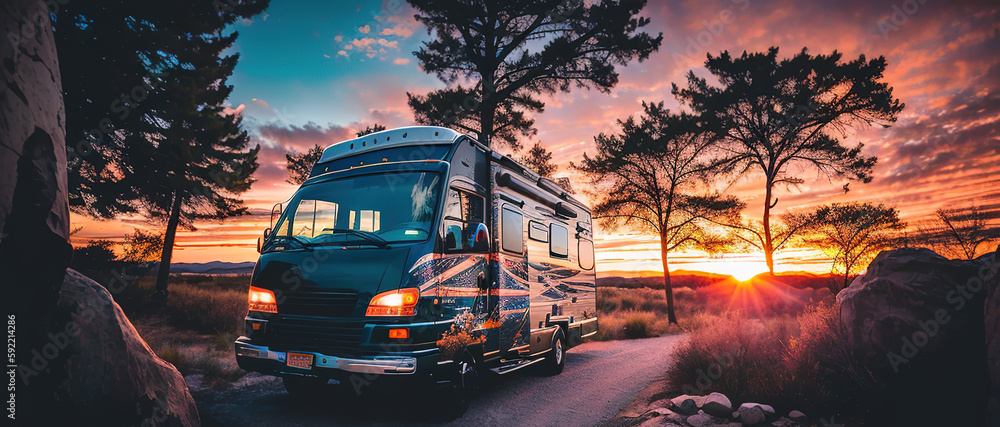 Road adventures on a camper, an exotic kind of outdoor recreation. Generative AI.