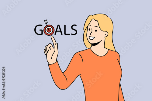 Woman touching target reach personal goals feel successful. Smiling female strive for aims reach. Accomplishment and success. Vector illustration. 