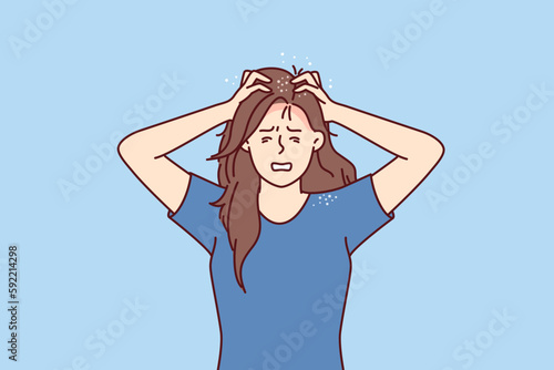 Woman suffers from itchy head after fungal infection and dandruff associated with poor-quality hair shampoo. Girl needs trip to dermatologist and use of new hygiene products or medicines for dandruff