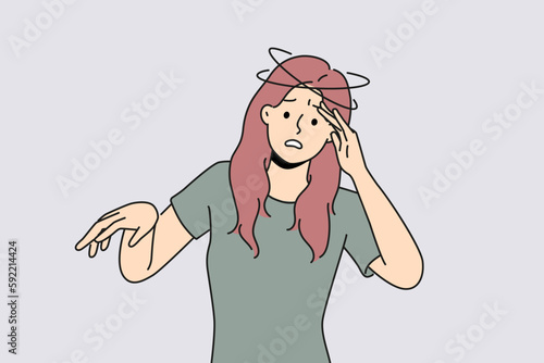 Unhealthy woman feeling dizzy. Stressed girl suffer from vertigo attack. Healthcare and health problems. Vector illustration. 
