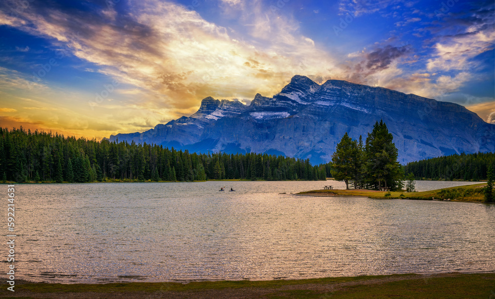 Sunset above Two jack lake in Banff National Park with Mt. Rundle Stock ...