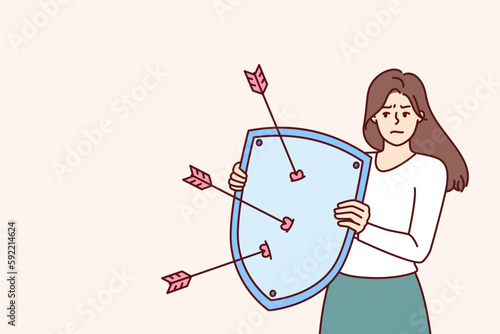 Disgruntled woman with shield defends herself from harassment and annoying advances or inappropriate compliments. Cupid arrows symbolize attempts to seduce girl upset after sexual harassment