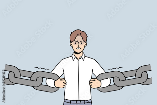 Confident decisive businessman break chain get free from credit or bank loan. Angry male employee holding chain receive freedom from financial slavery. Vector illustration. 