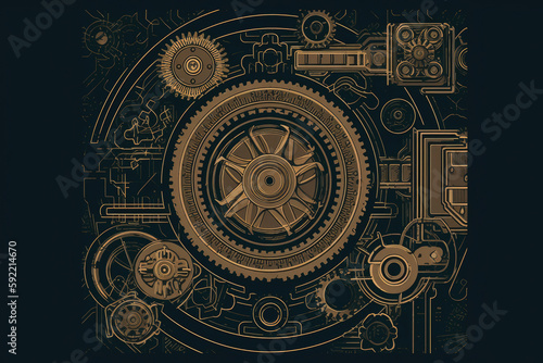 mechanical engineering design, with a focus on precision and attention to detail. using simple geometric shapes, thin lines, and a limited color palette to achieve a 2D minimalist flat illustration © ktianngoen0128
