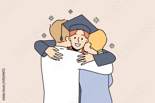 Smiling student in graduation robe and hat hug excited parents greeting at university. Happy mother and father embrace congratulate male graduate. Vector illustration. 
