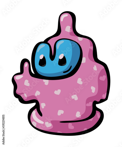 Cautious robot wearing pink condom dress for safety 