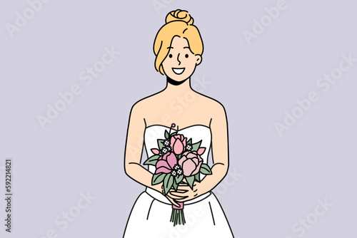 Smiling woman in wedding dress holding flowers before marriage ceremony. Happy bride in gown with bouquet enjoy celebration. Vector illustration. 