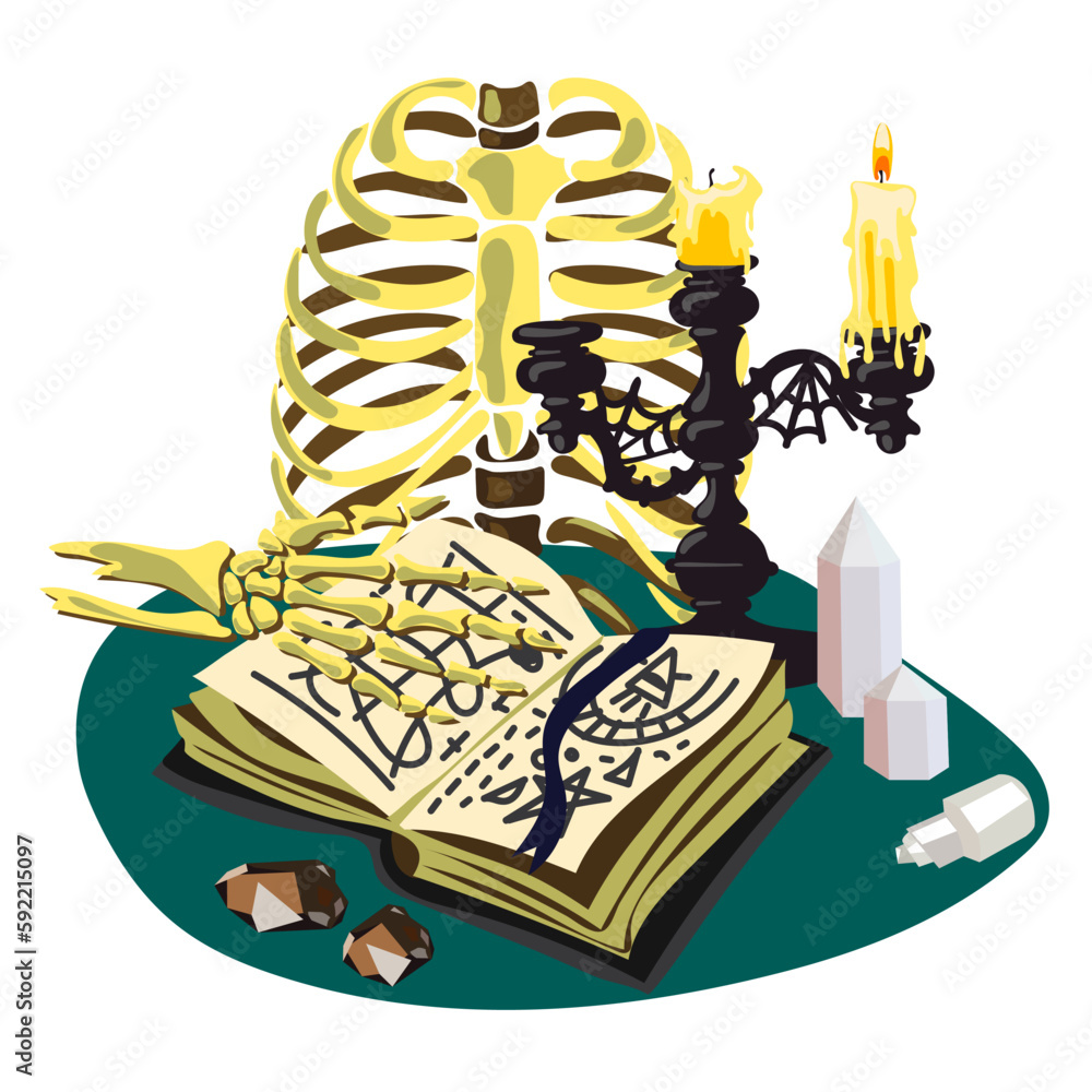 Naklejka premium An open book with magic spells, witchcraft, divination. Fantastic ancient volumes with esoteric recipes and mystical recipes. Cartoon. Ribs, human skeleton, candles, candlestick, crystals, simple book