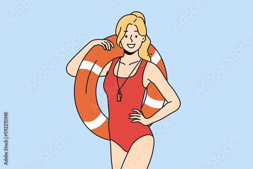 Smiling woman lifeguard in swimsuit posing with inflatable ring. Happy female guard in swimwear with lifebuoy. Vector illustration. 