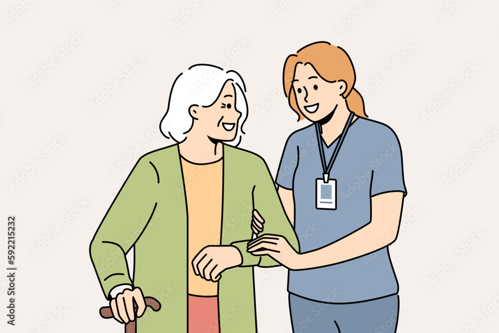 Smiling female caregiver help mature woman with walking. Happy nurse in uniform assist elderly grandmother with walking stick. Vector illustration. Smiling female caregiver help mature woman with walking. Happy nurse in uniform assist elderly grandmother with walking stick. Vector illustration.