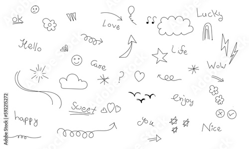 Doodle cute glitter pen line elements. Doodle heart, arrow, star, sparkle decoration symbol set icon. Simple sketch line style emphasis, attention, pattern elements. Vector illustration