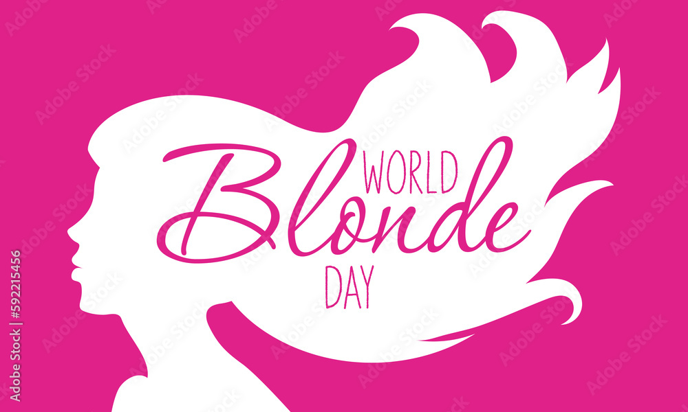 World Blonde Day. The silhouette of a beautiful woman with hair flowing in the wind. Template for postcards, greetings, flyers, banners for beauty salons, hairdressers. Barbie color with white outline World Blonde Day. The silhouette of a beautiful woman with hair flowing in the wind. Template for postcards, greetings, flyers, banners for beauty salons, hairdressers. Barbie color with white outline