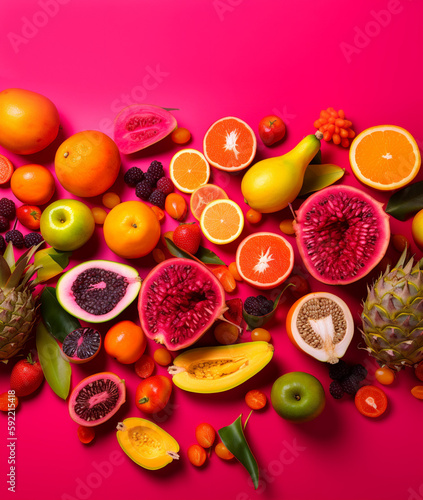 Exotic fruits, whole and slices on viva magenta color background. Banner. Emty space. Summer mood. Close-up. Generative Ai content.