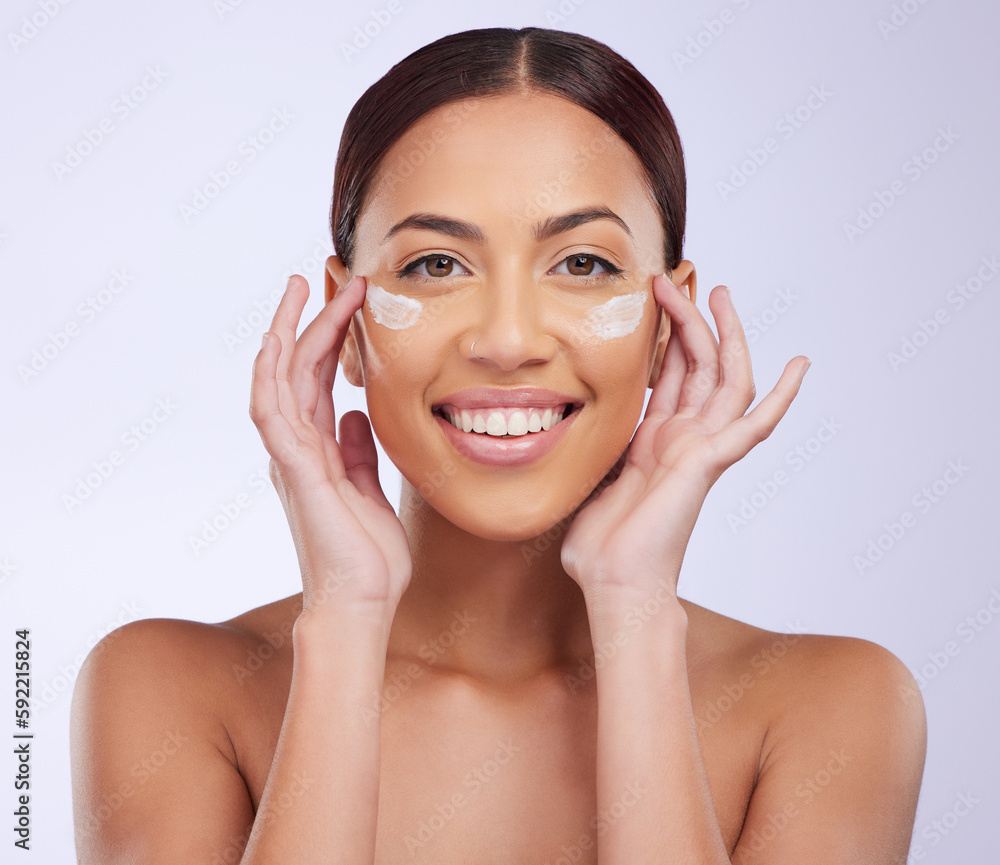 Beauty, skincare or happy woman with sunscreen product in daily grooming treatment with makeup cosmetics. Dermatology, white background or girl model smiling or applying facial cream lotion in studio