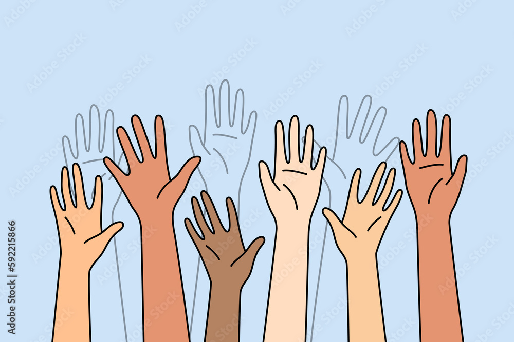 Closeup of multiracial hands raise up in air. Diverse interracial people palms rise up volunteer or vote. Vector illustration. 