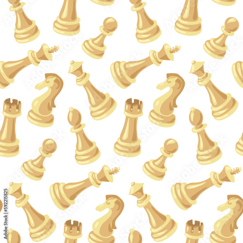 A pattern of chess pieces of white suit wooden on a white background. Chess moves on a checkered board. Chess cartoon, chess board. Texture for printing on textiles and paper. Gift packaging