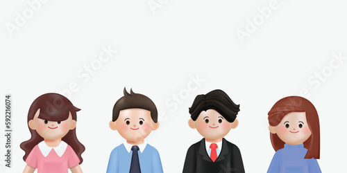 3D animation cartoon business people teamwork. Young employee office worker character. Vector illustration in 3d rendering style.