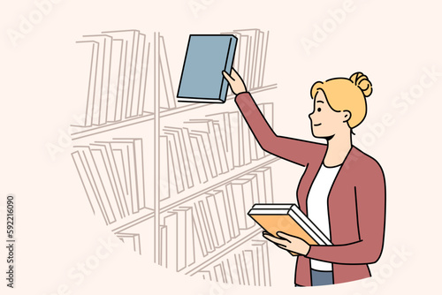 Smiling female librarian work in university or school library. Happy woman put book on shelf in bookstore. Literature and education. Vector illustration. 