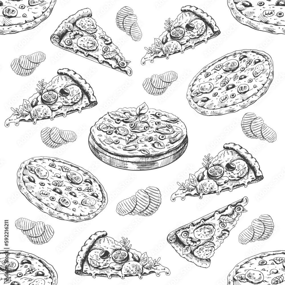 Vector vintage fast food seamless pattern. Hand drawn monochrome junk food illustration with whole pizza, pizza slice and potato chips. Great for menu, poster or restaurant background.