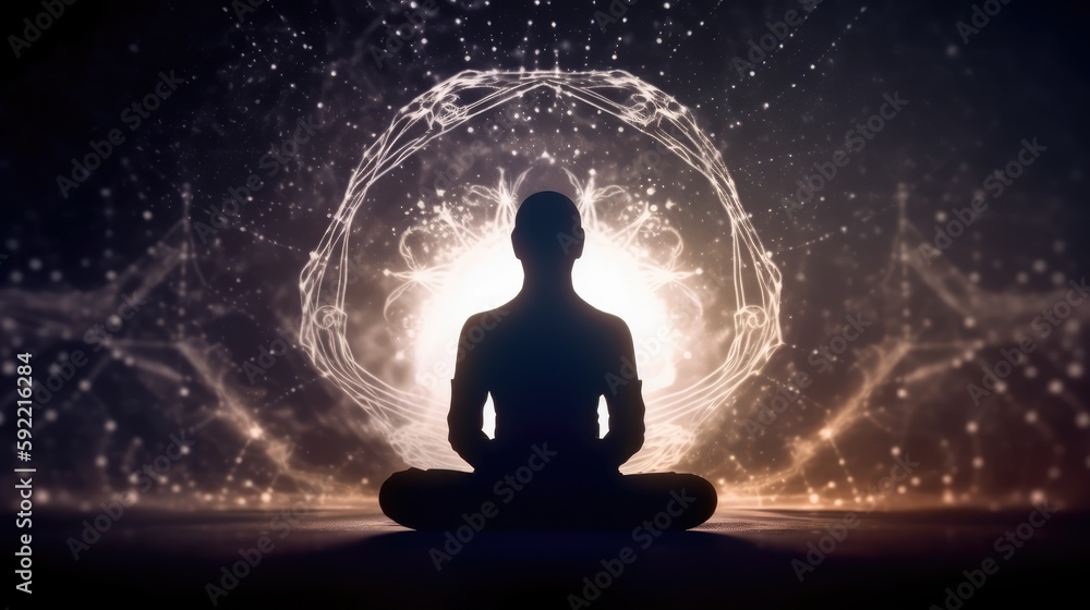 Person sitting in lotus position and meditate, made with generative ai Person sitting in lotus position and meditate, made with generative ai