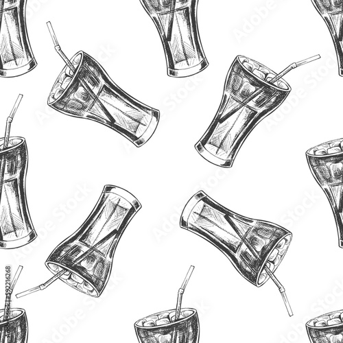 Vector vintage fast food seamless pattern. Hand drawn monochrome junk food illustration of cola glass  with ice. Great for menu, poster or restaurant background.