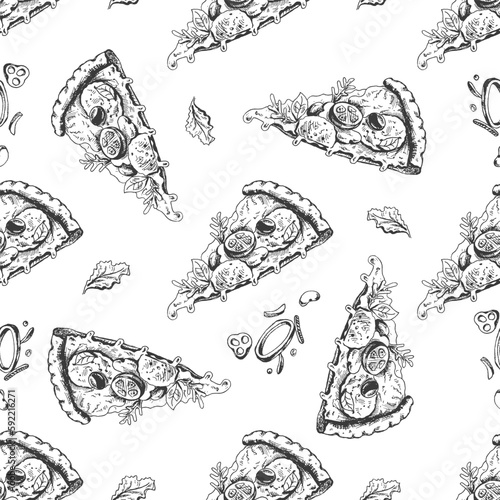 Vector vintage fast food seamless pattern. Hand drawn monochrome junk food illustration with pizza slice and greenery. Great for menu, poster or restaurant background.