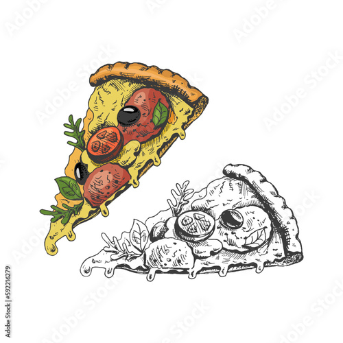 Hand-drawn colored and monochrome  sketch set of pizza slice. Pizza with mozzarella, tomato sauce, sausage, arugula leaves, olives, tomatoes, melted cheese. Fast food vintage illustration.