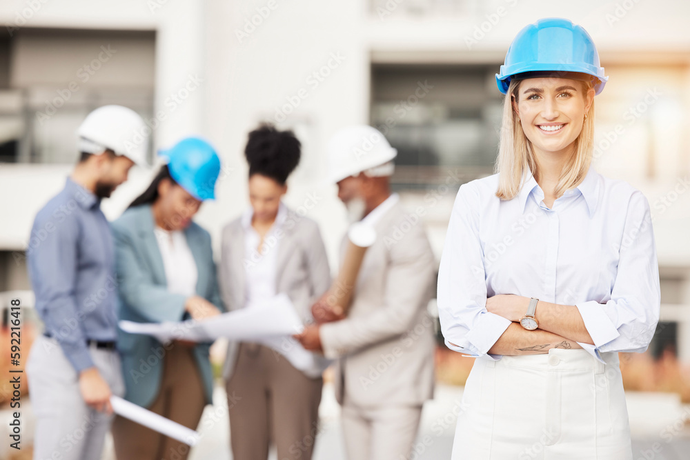 Architecture, engineer and portrait of woman with smile for building, construction site and planning with team. Engineering, leader and female contractor for maintenance, inspection and development