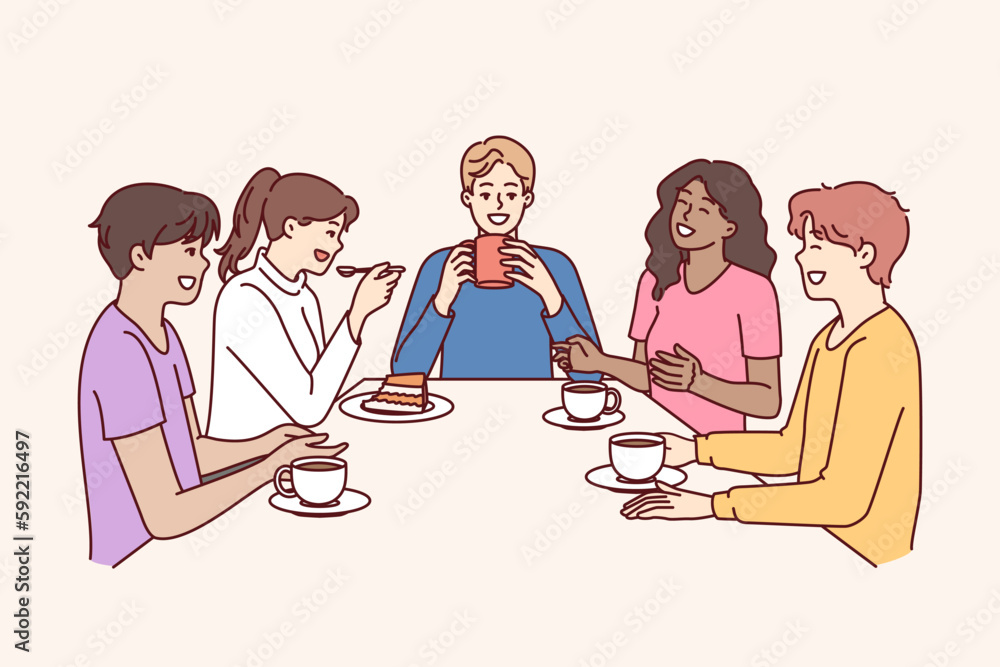 Group of multiethnic colleagues drink coffee sitting at table during break and laugh telling funny jokes. Happy people in casual wear relaxing enjoying socializing and meeting with school friends Group of multiethnic colleagues drink coffee sitting at table during break and laugh telling funny jokes. Happy people in casual wear relaxing enjoying socializing and meeting with school friends