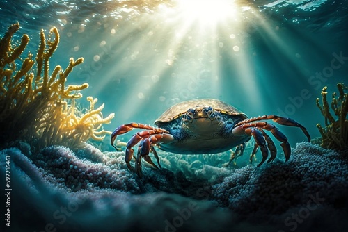 A close-up photograph of a crab in an underwater coral reef with sunlight filtering through the water. AI
