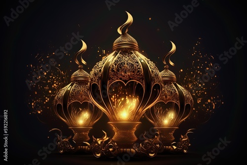 Eid mubarak background, Mosque in the moonlight at night 3D illustration, Arabic lanterns, AI Generative.