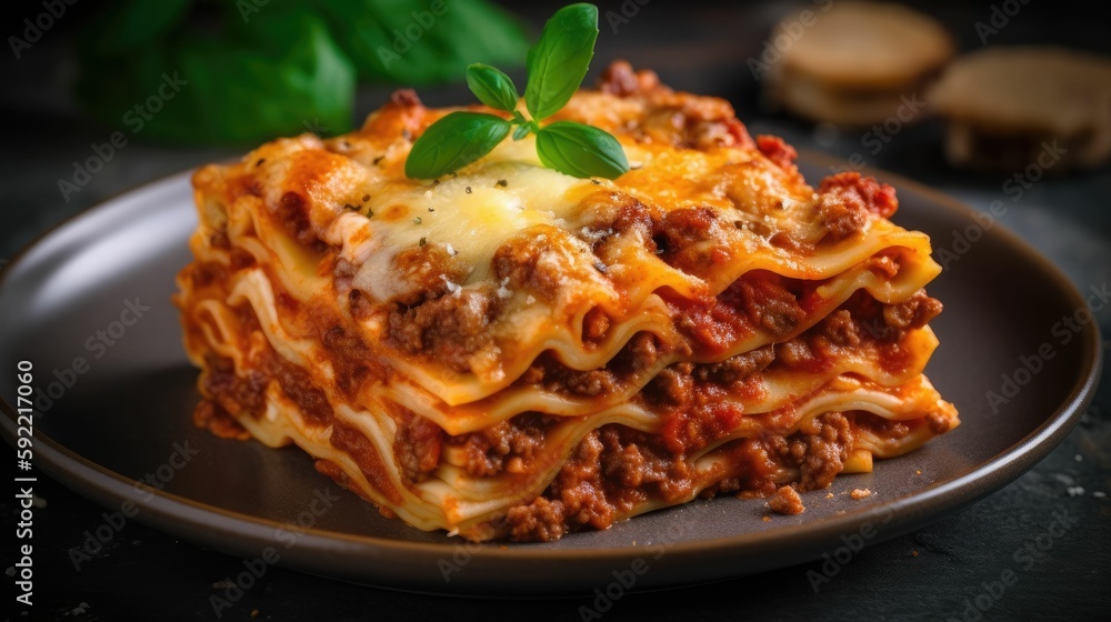 Delicious Italian lasagna in a plate, close-up illustration made with generative AI. Delicious Italian lasagna in a plate, close-up illustration made with generative AI.