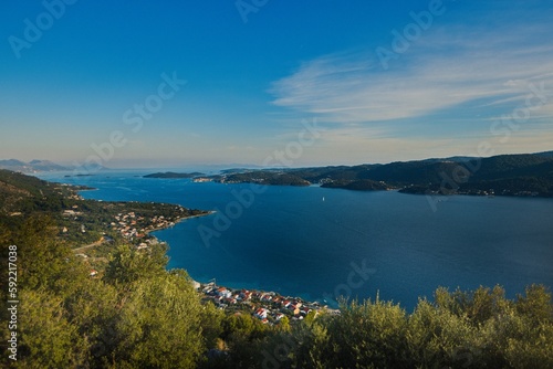 View from the viewpoint on the Peljesac peninsula to the island of Korcula in southern Croatia.