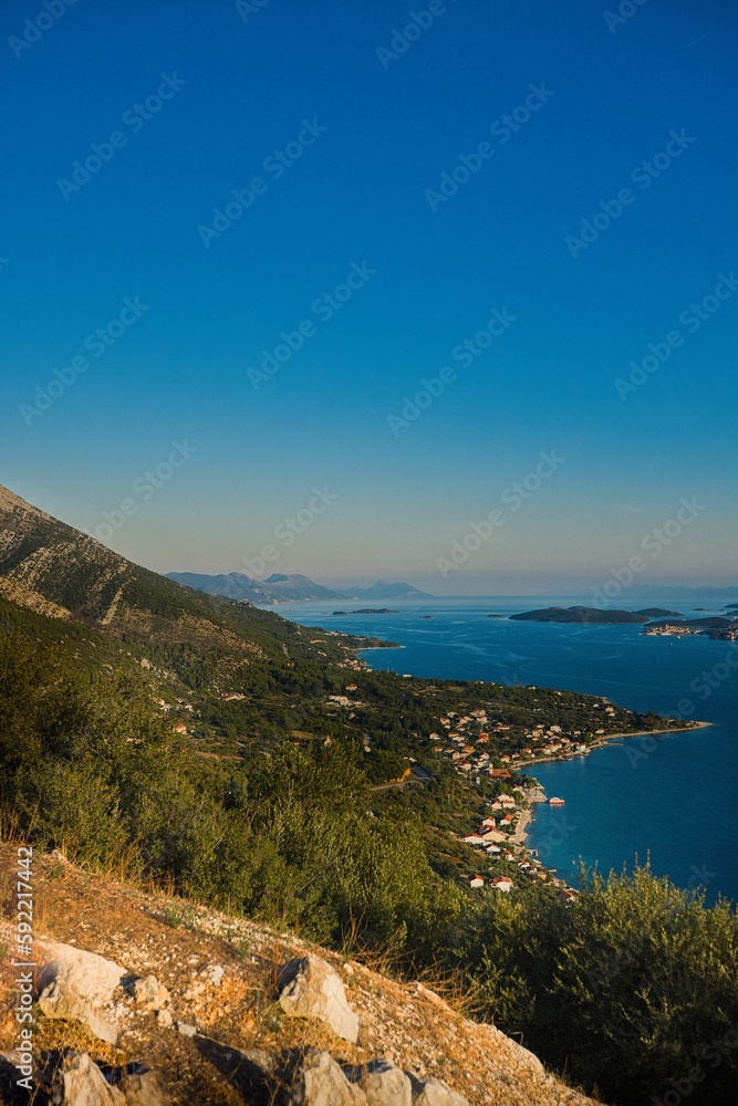 View from the viewpoint on the Peljesac peninsula to the island of Korcula in southern Croatia.