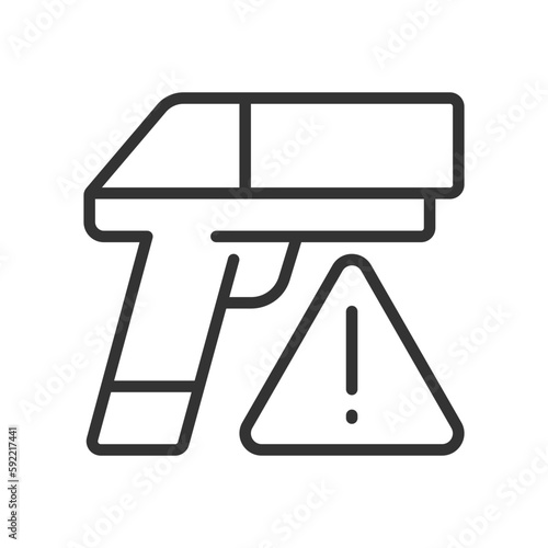 Small arms smuggling linear icon. Weapon trafficking. Contraband. Thin line customizable illustration. Contour symbol. Vector isolated outline drawing. Editable stroke. Pixel perfect. Arial font used