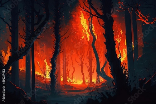 Digital Painting of Wildfire  Burning Forest and Trees in 4K with Raging Flames Perfect for Wallpaper and Backgrounds. AI