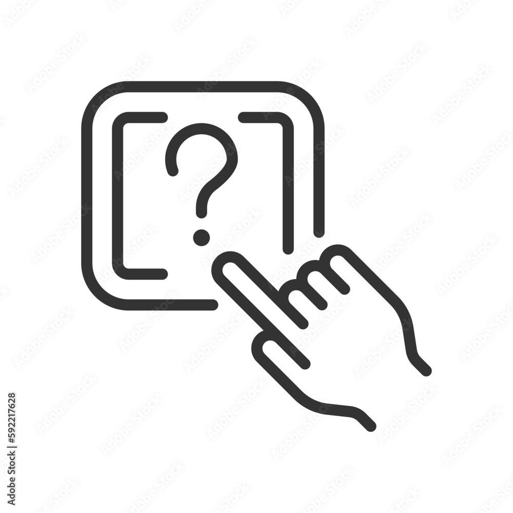Question button linear icon. Request to technical support. Looking of problem solving. Thin line illustration. Contour symbol. Vector outline drawing. Editable stroke. Arial font used Question button linear icon. Request to technical support. Looking of problem solving. Thin line illustration. Contour symbol. Vector outline drawing. Editable stroke. Arial font used