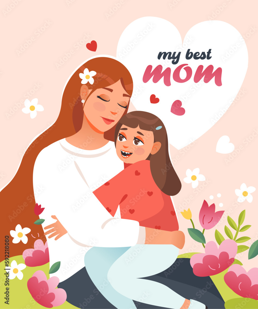 Mother's Day. Mother and daughter hug. A postcard for the best mom. Cartoon vector illustration
Mother's Day. Mother and daughter hug. A postcard for the best mom. Cartoon vector illustration